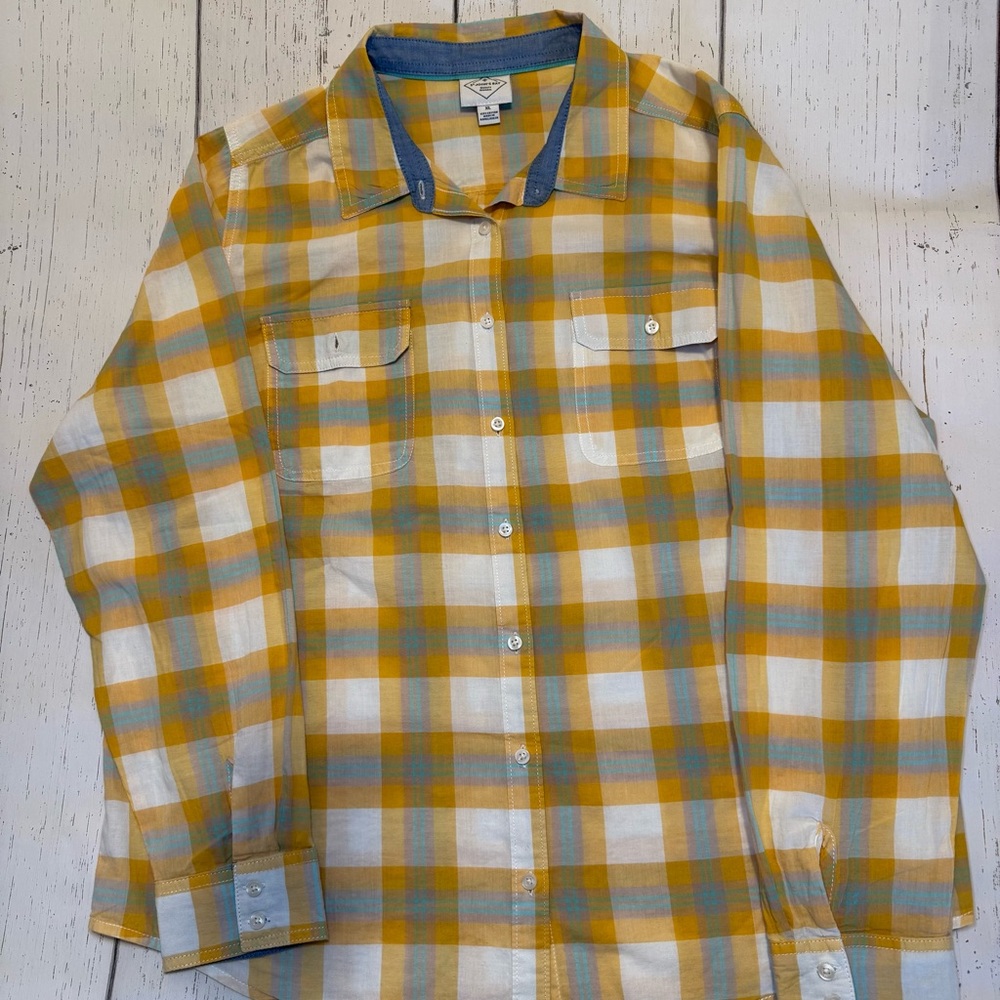 St. John's Bay Women's Long Sleeve Yellow Plaid Button Up Blouse Size XL
